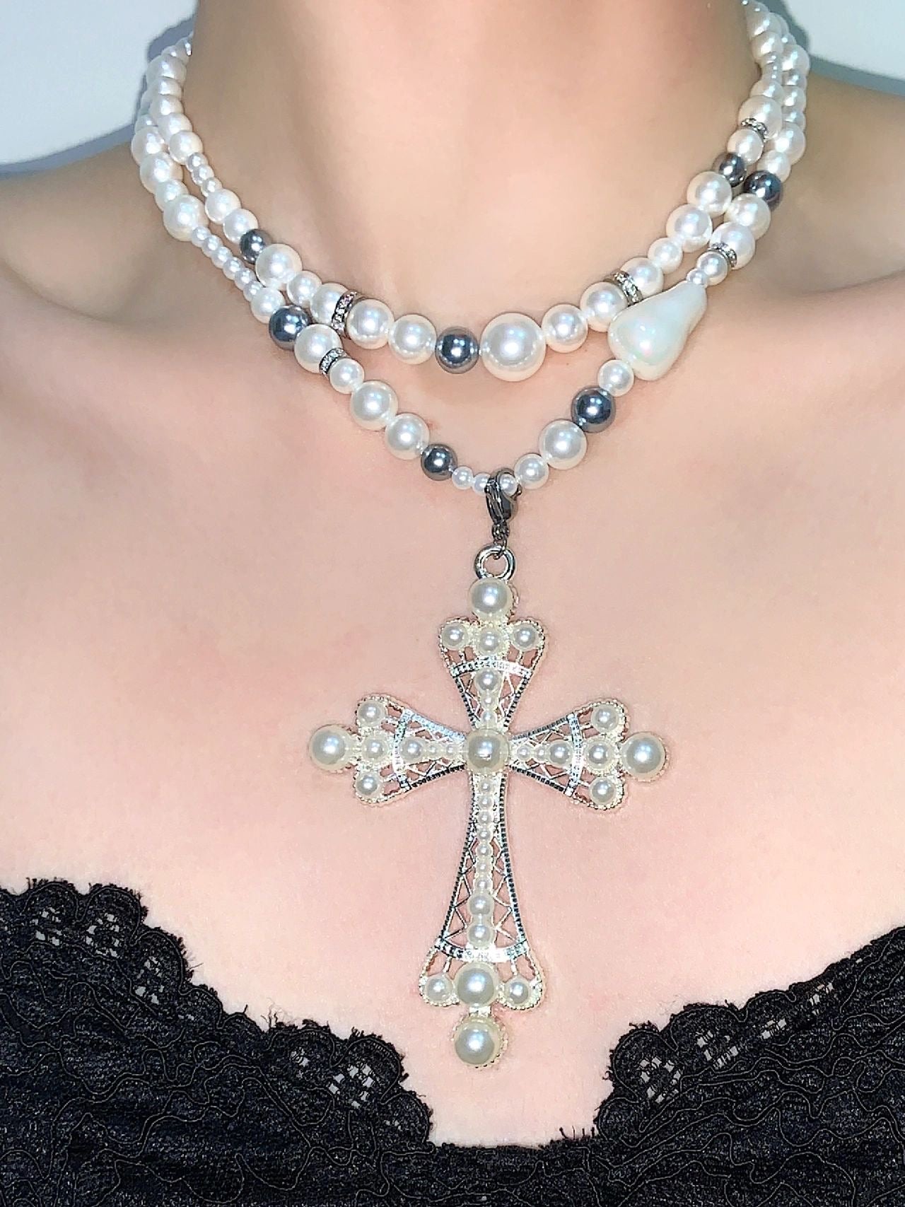 Pearl Cascade Cross Necklace