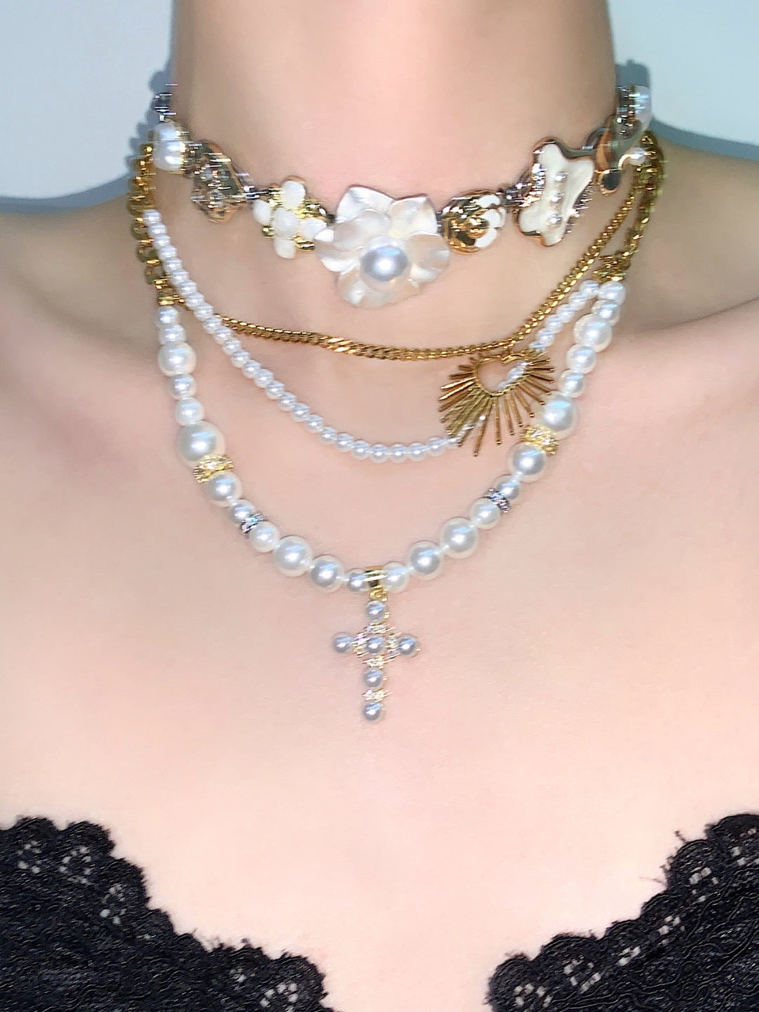 Peony & Pearl Cross Layered Necklace