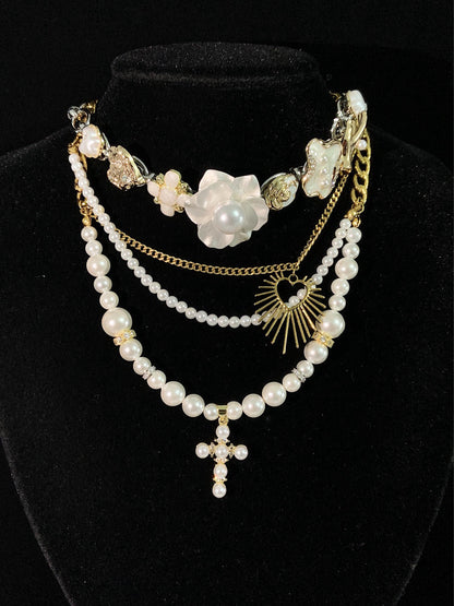 Peony & Pearl Cross Layered Necklace