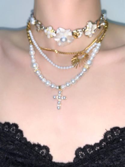 Peony & Pearl Cross Layered Necklace