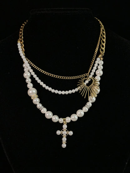 Peony & Pearl Cross Layered Necklace