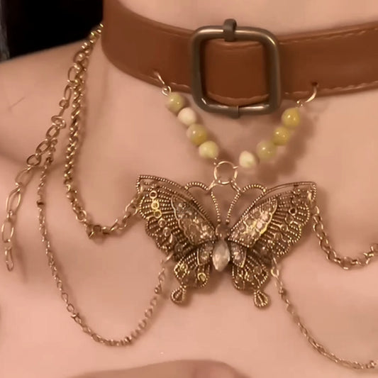 Butterfly Charm Leather Layered Choker